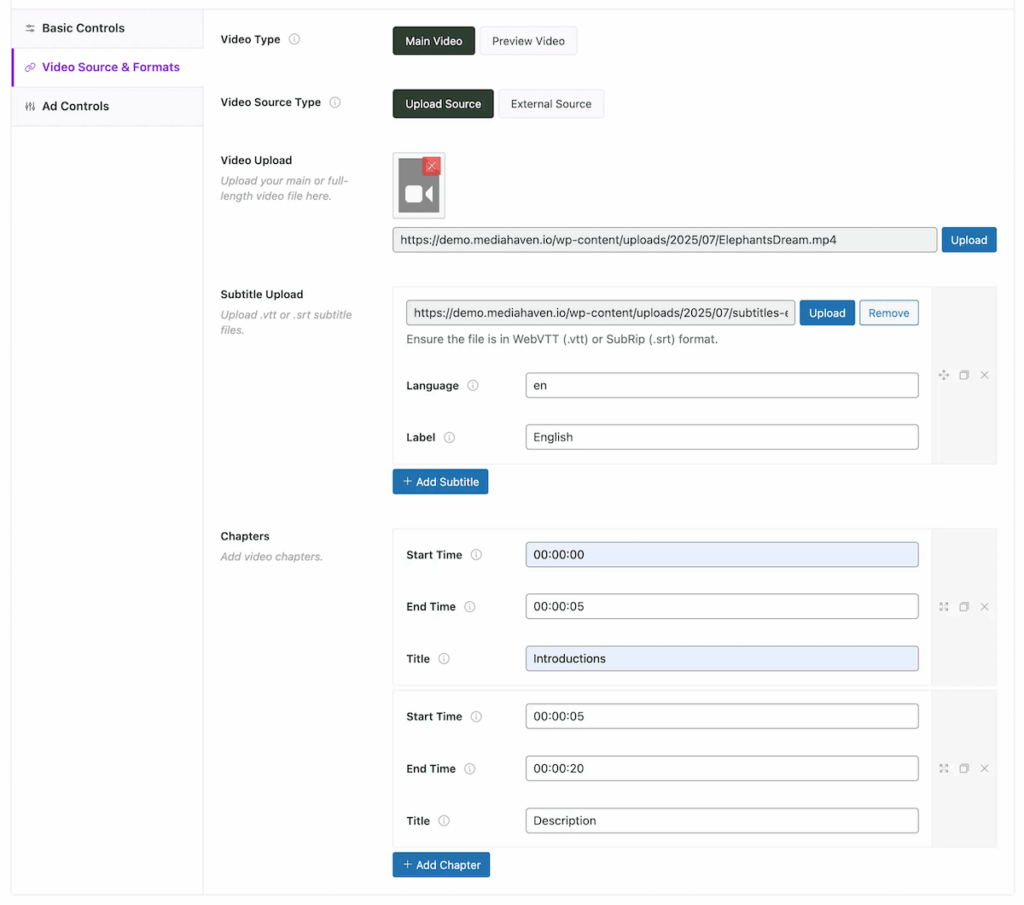Single Video Upload Source and Formats